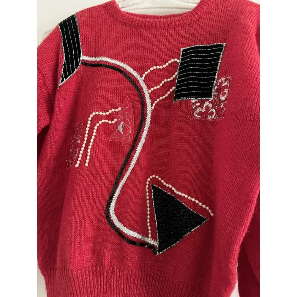 GLITZ by UNIT (Vtg)Red Knit Abstract Sequin 80s Geometric Beads‎ Sweater-MEDIUM